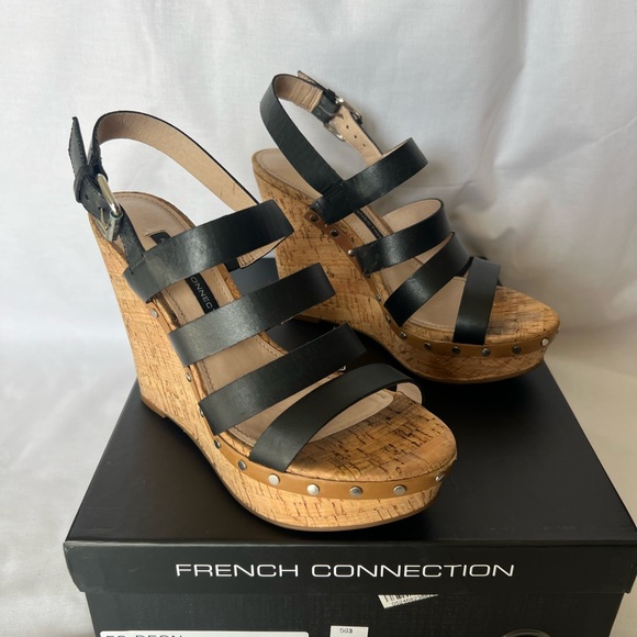 French Connection Black and Tan Wedge Sandals with Cork Heel - Picture 6 of 6